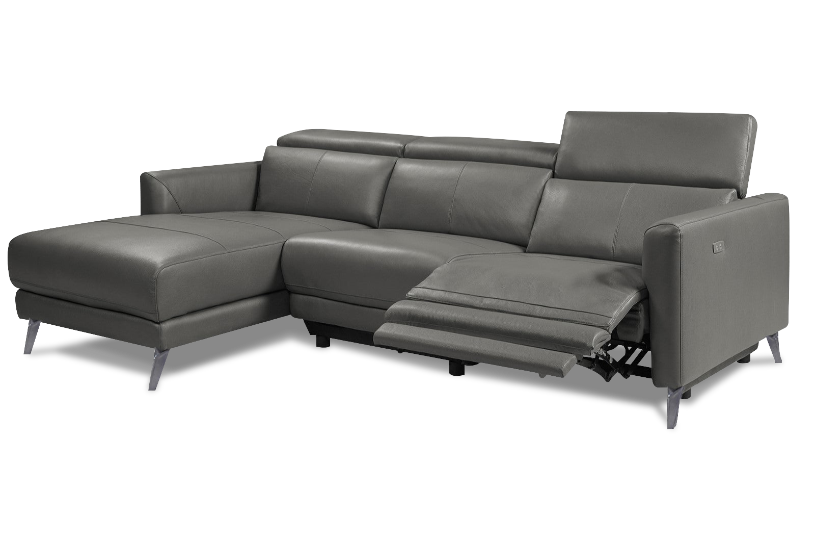 A grey power reclining manual headrest three seat sofa with chaise