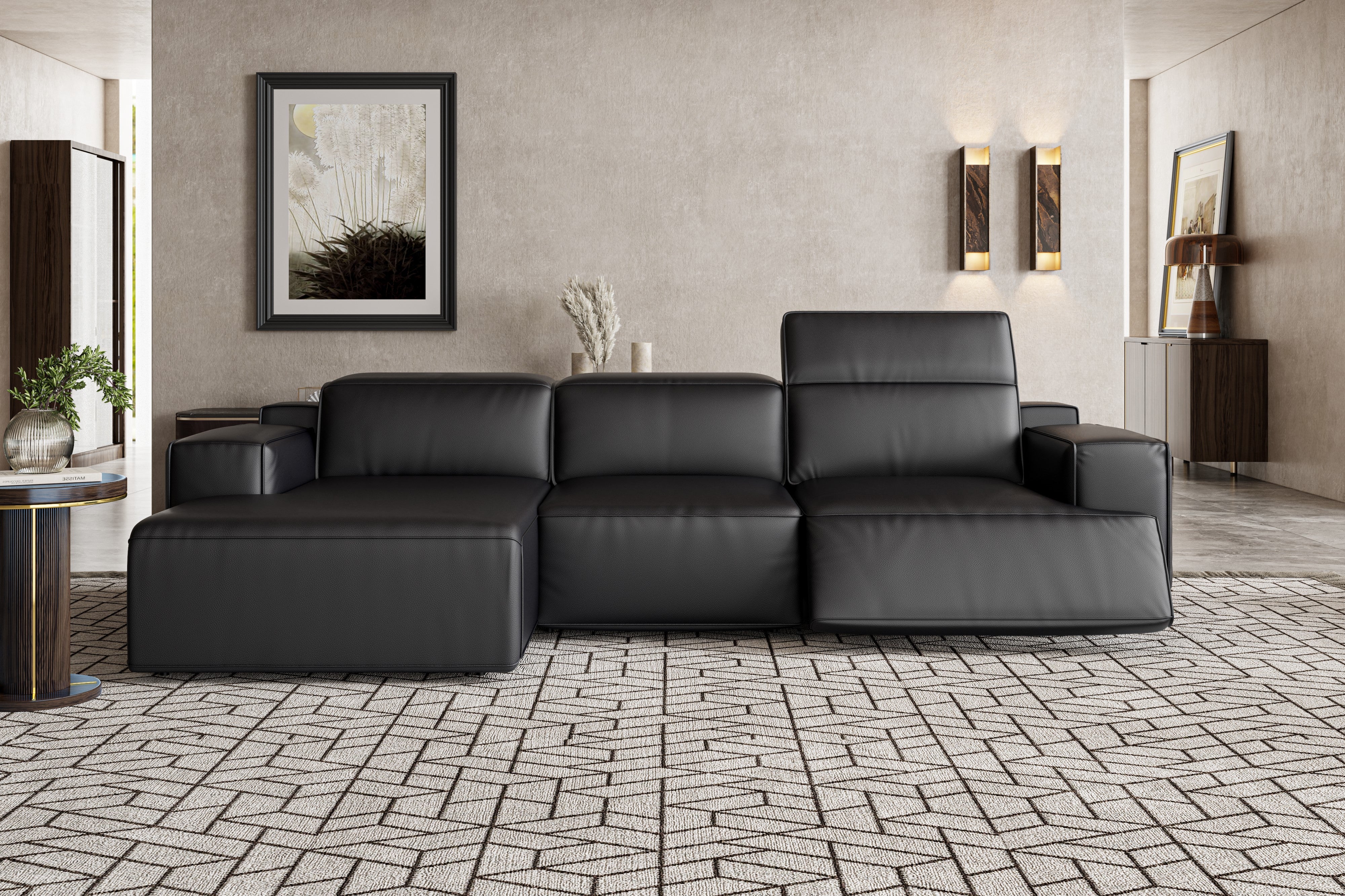 Valencia Valentina Leather Three Seats with Left Chaise Recliner Sofa, Black