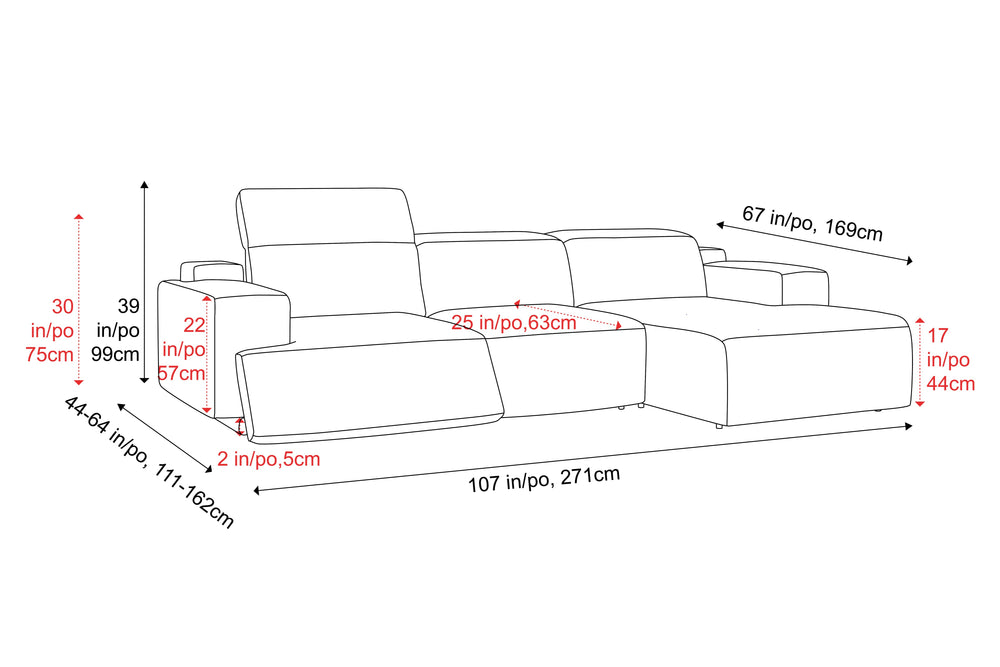 Valencia Valentina Leather Three Seats with Right Chaise Recliner Sofa, Light Grey