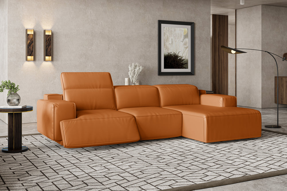 Valencia Valentina Leather Three Seats with Right Chaise Recliner Sofa, Cognac