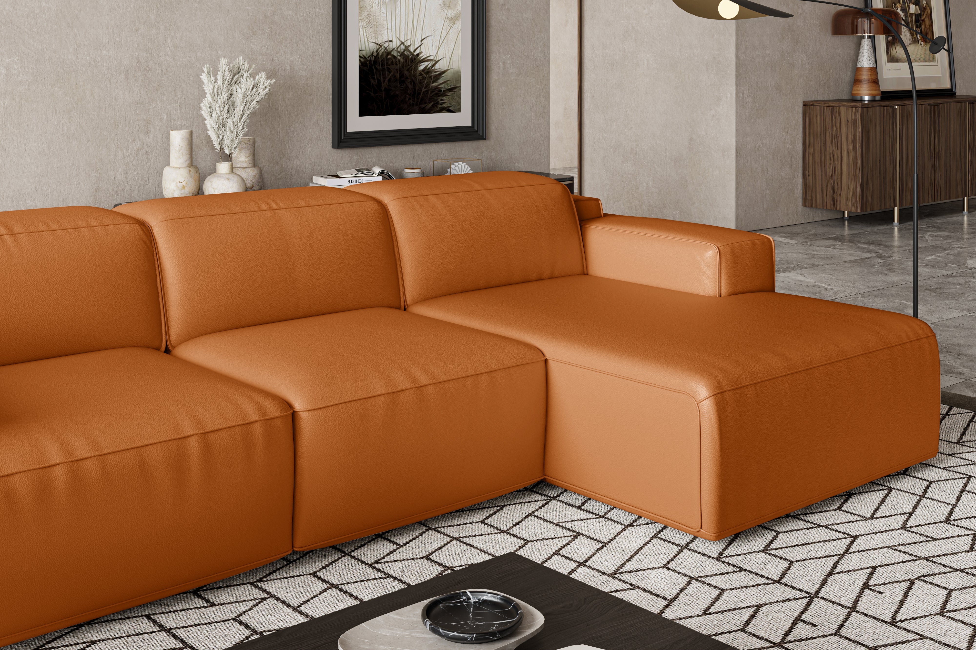 Valencia Valentina Leather Three Seats with Right Chaise Recliner Sofa, Cognac