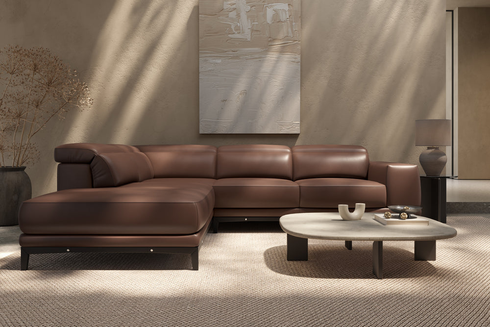 Valletta Sectional Leather Sofa, L-Shape & Left Chaise, Dark Brown