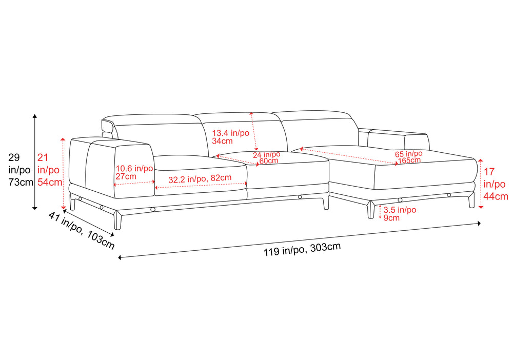 Valencia Valletta Top Grain Leather Three Seats with Right Chaise Sofa, Cognac