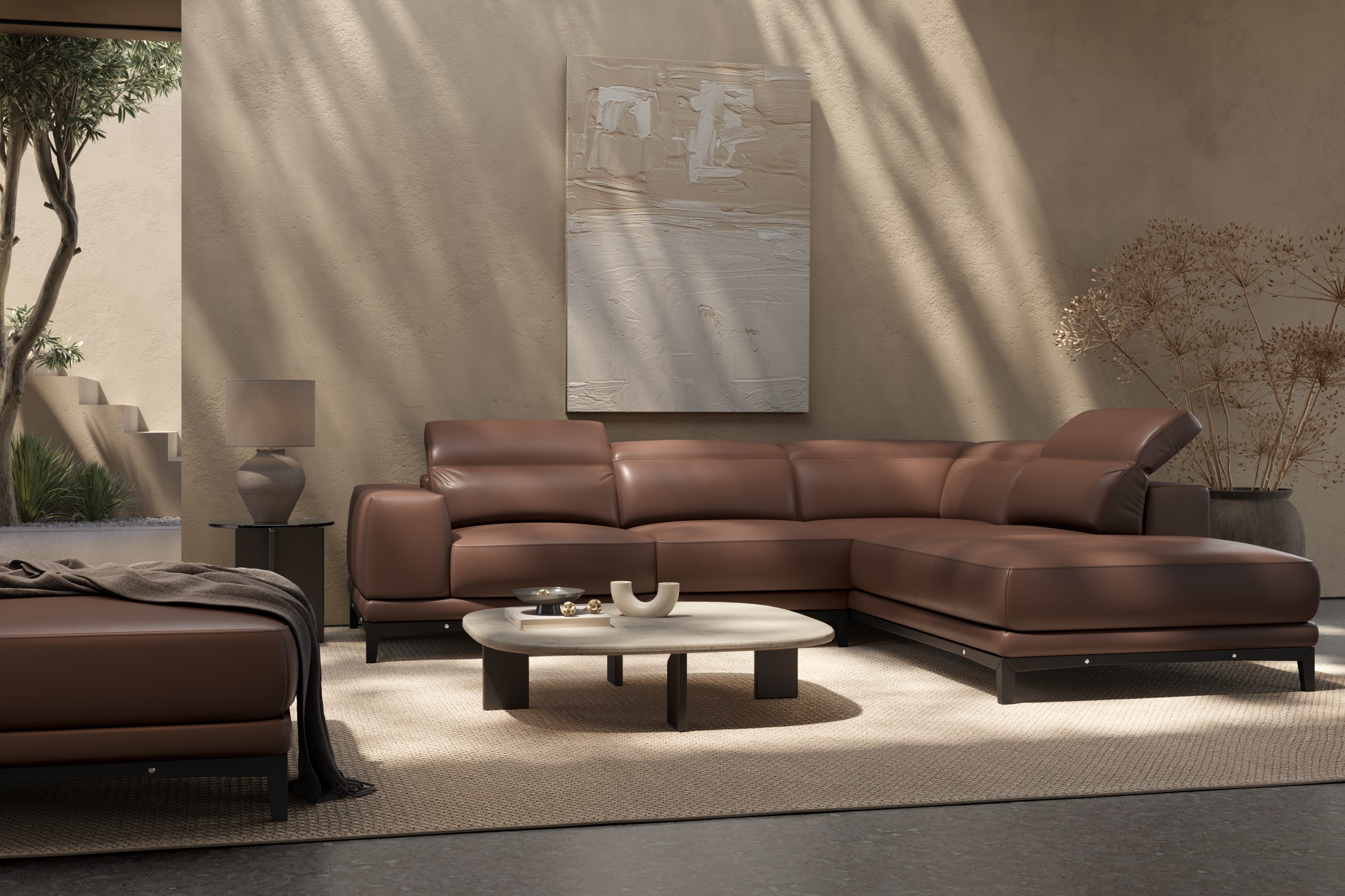 Valencia Valletta Top Grain Leather Sectional, L-Shape with Right Chaise Sofa, Dark Brown