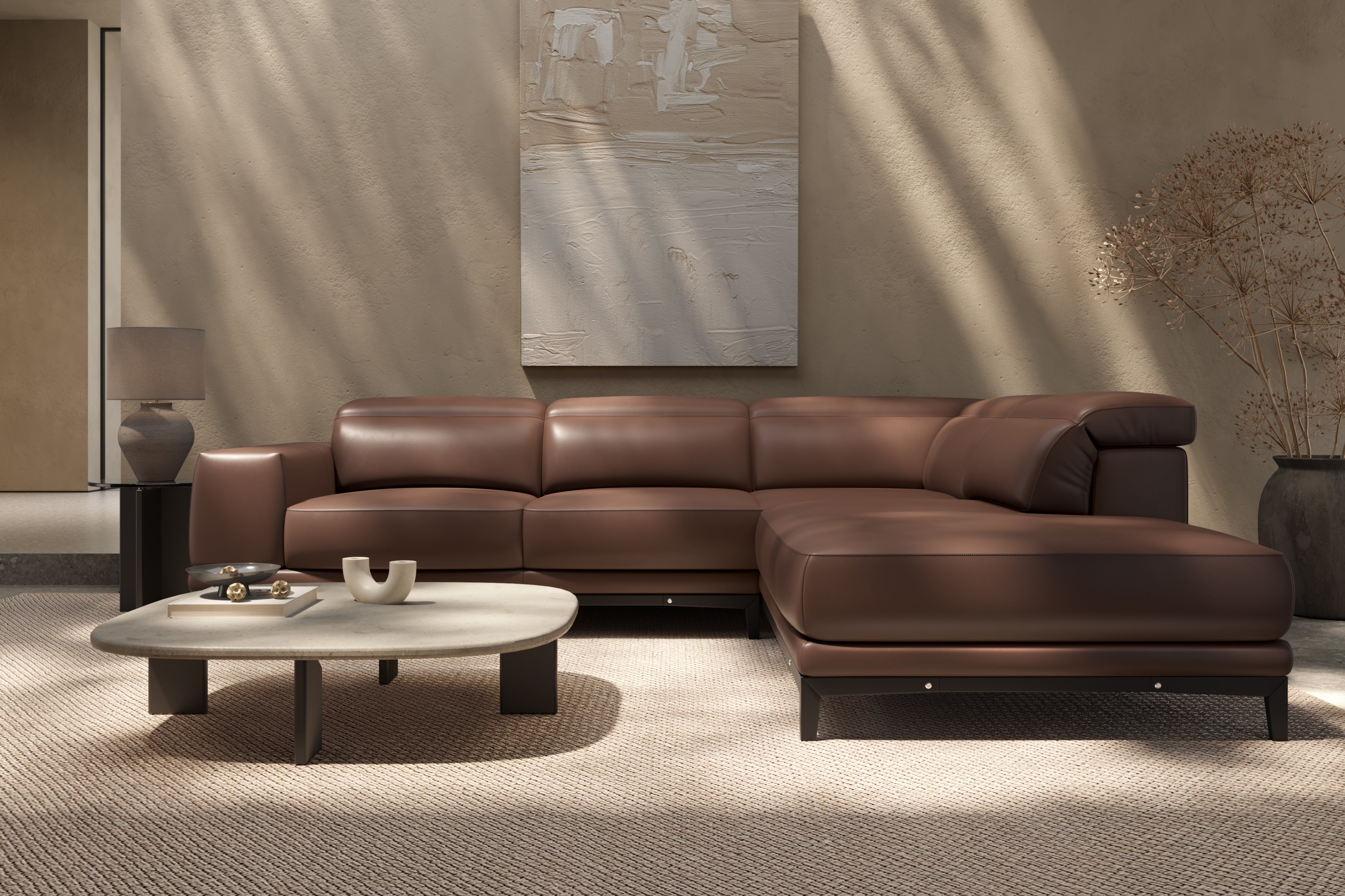 Valencia Valletta Top Grain Leather Sectional, L-Shape with Right Chaise Sofa, Dark Brown