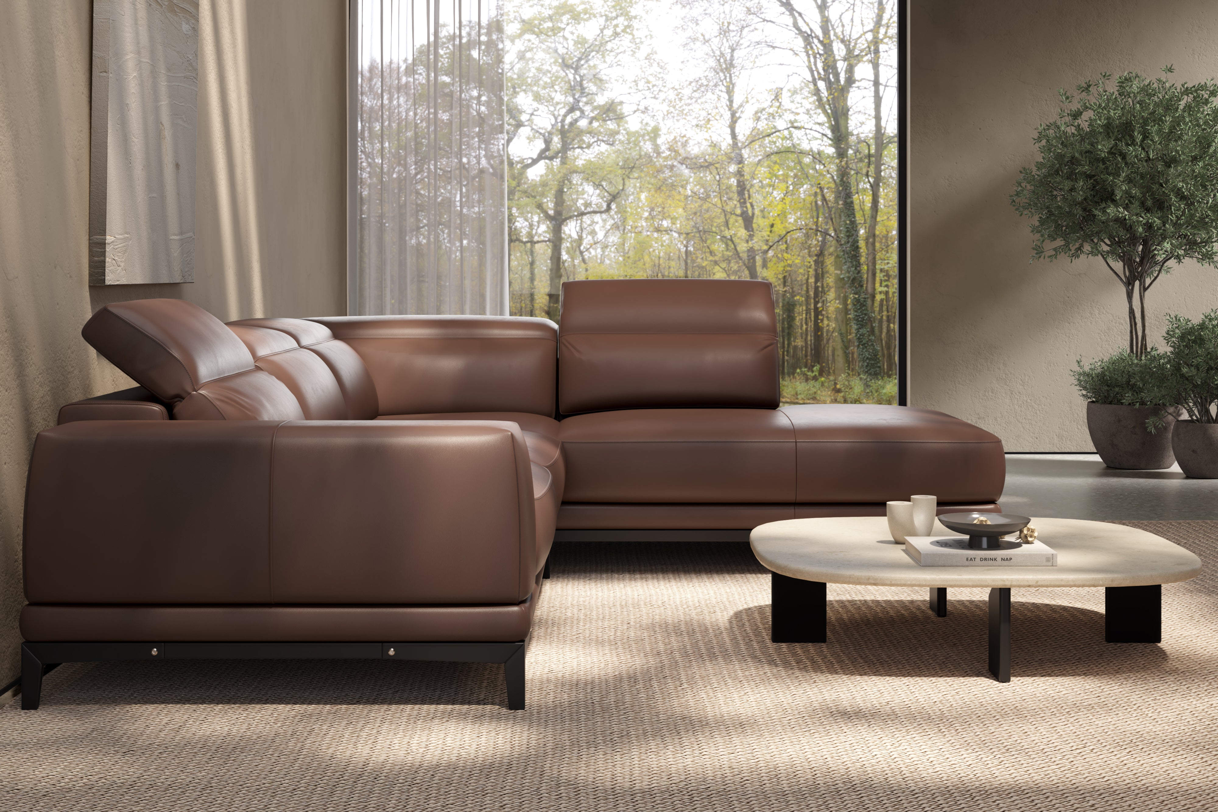 Valencia Valletta Top Grain Leather Sectional, L-Shape with Right Chaise Sofa, Dark Brown