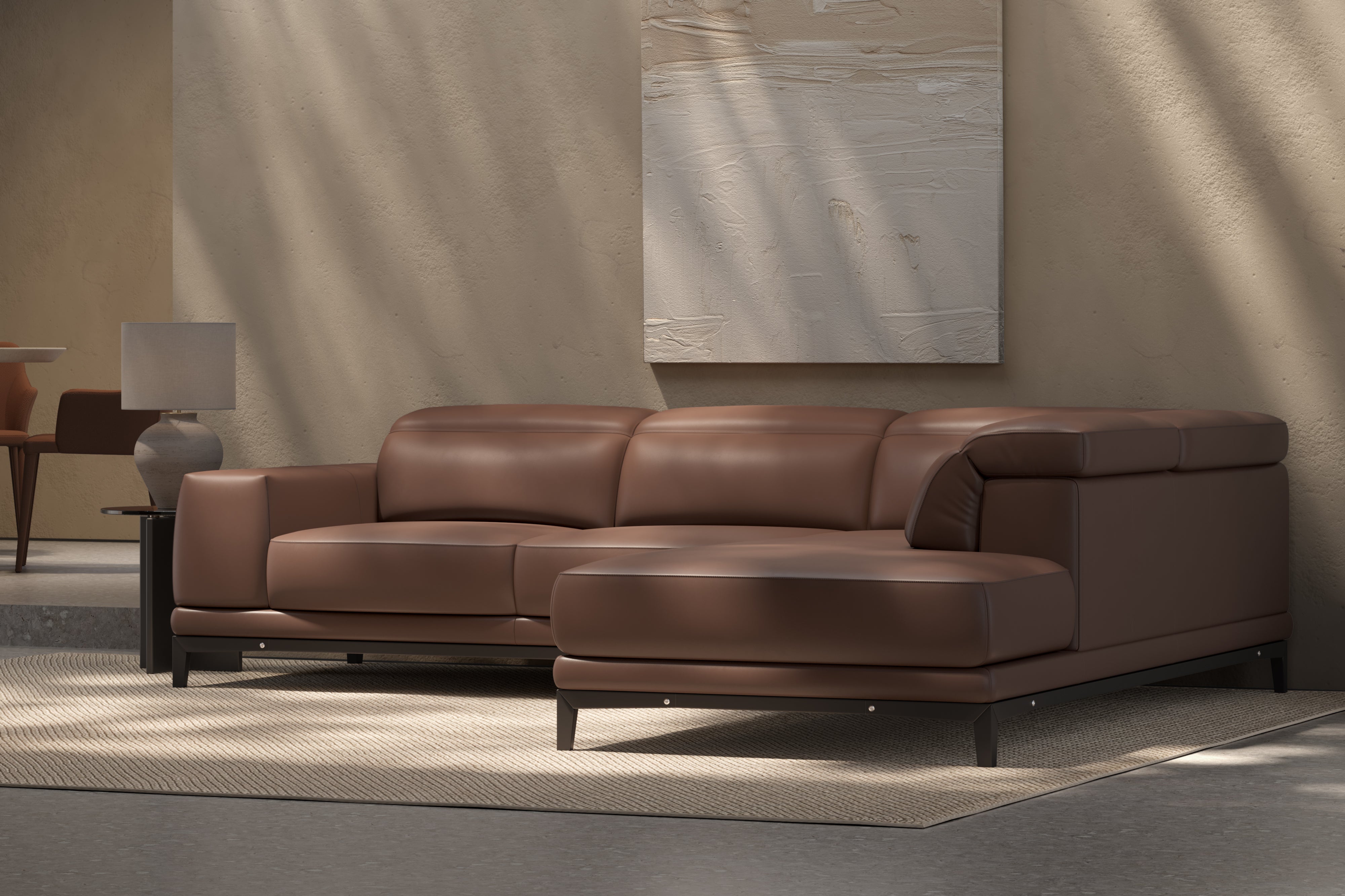 Valencia Valletta Top Grain Leather Sectional, L-Shape with Right Chaise Sofa, Dark Brown