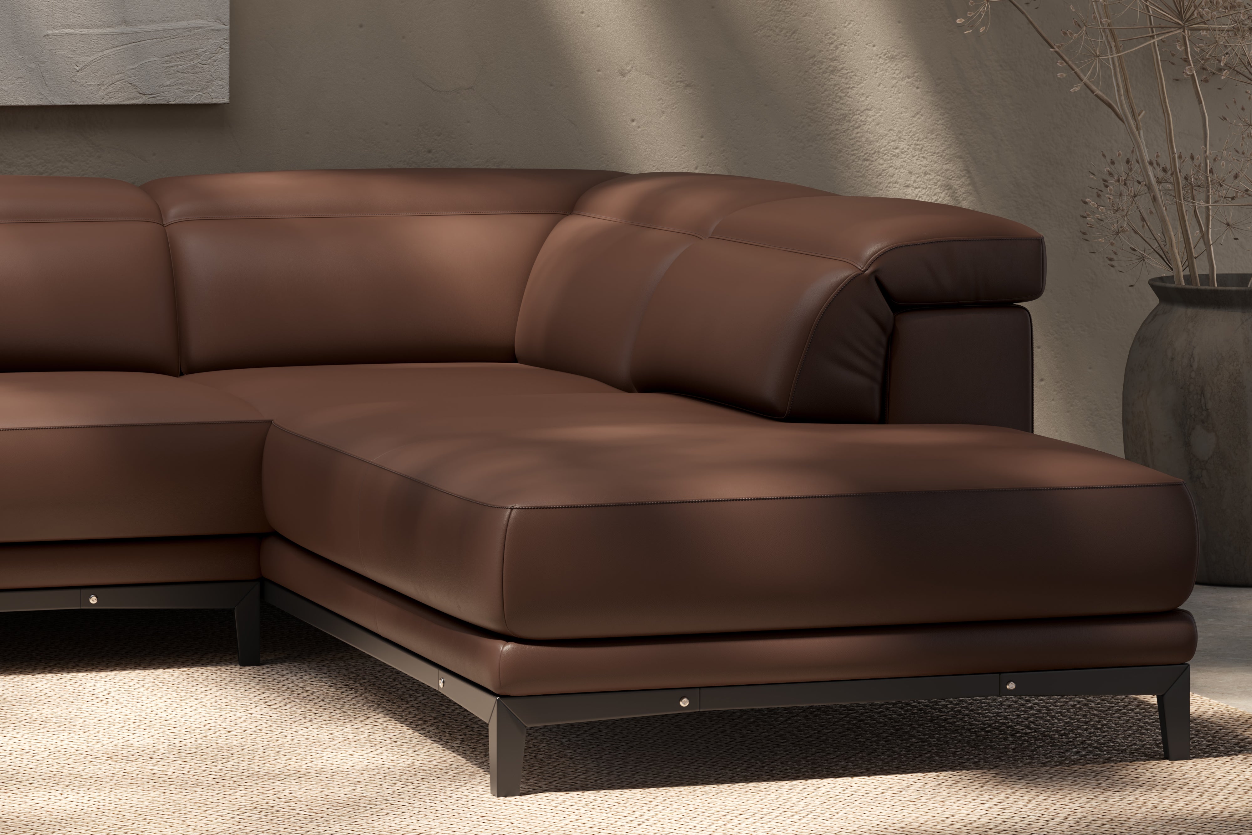 Valencia Valletta Top Grain Leather Sectional, L-Shape with Right Chaise Sofa, Dark Brown