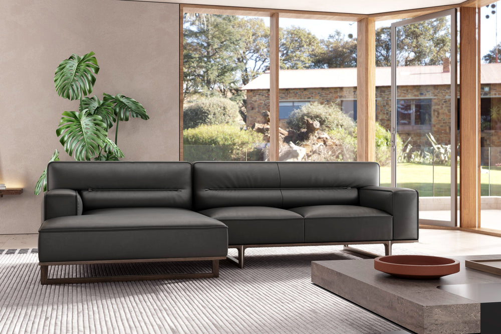 Valencia Varna Leather Three Seats with Left Chaise Sectional Sofa, Black Color