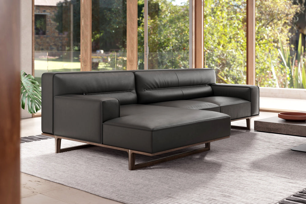 Valencia Varna Leather Three Seats with Left Chaise Sectional Sofa, Black Color