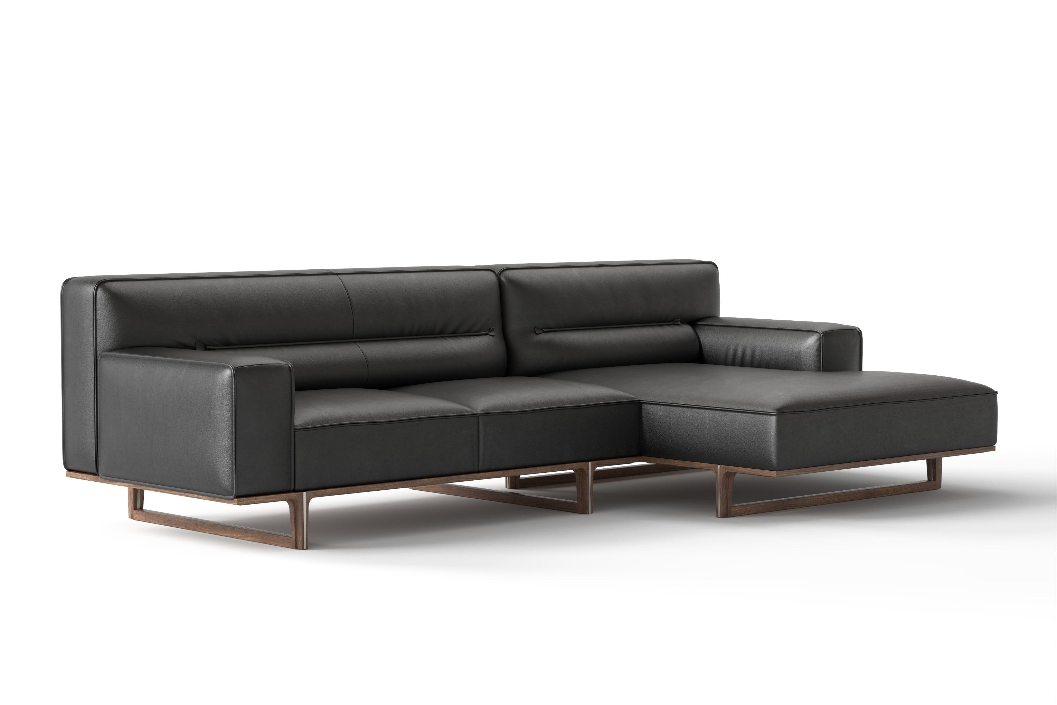 Valencia Varna Leather Three Seats with Right Chaise Sectional Sofa, Black