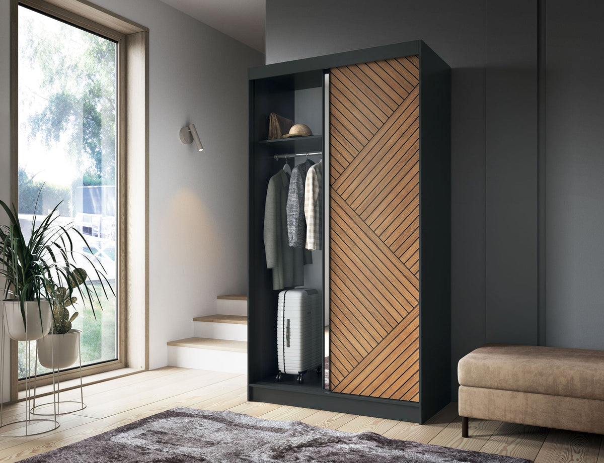 Marrphy Mirrored 2 Sliding Door Freestanding Wardrobe - Black/Oak Caramel