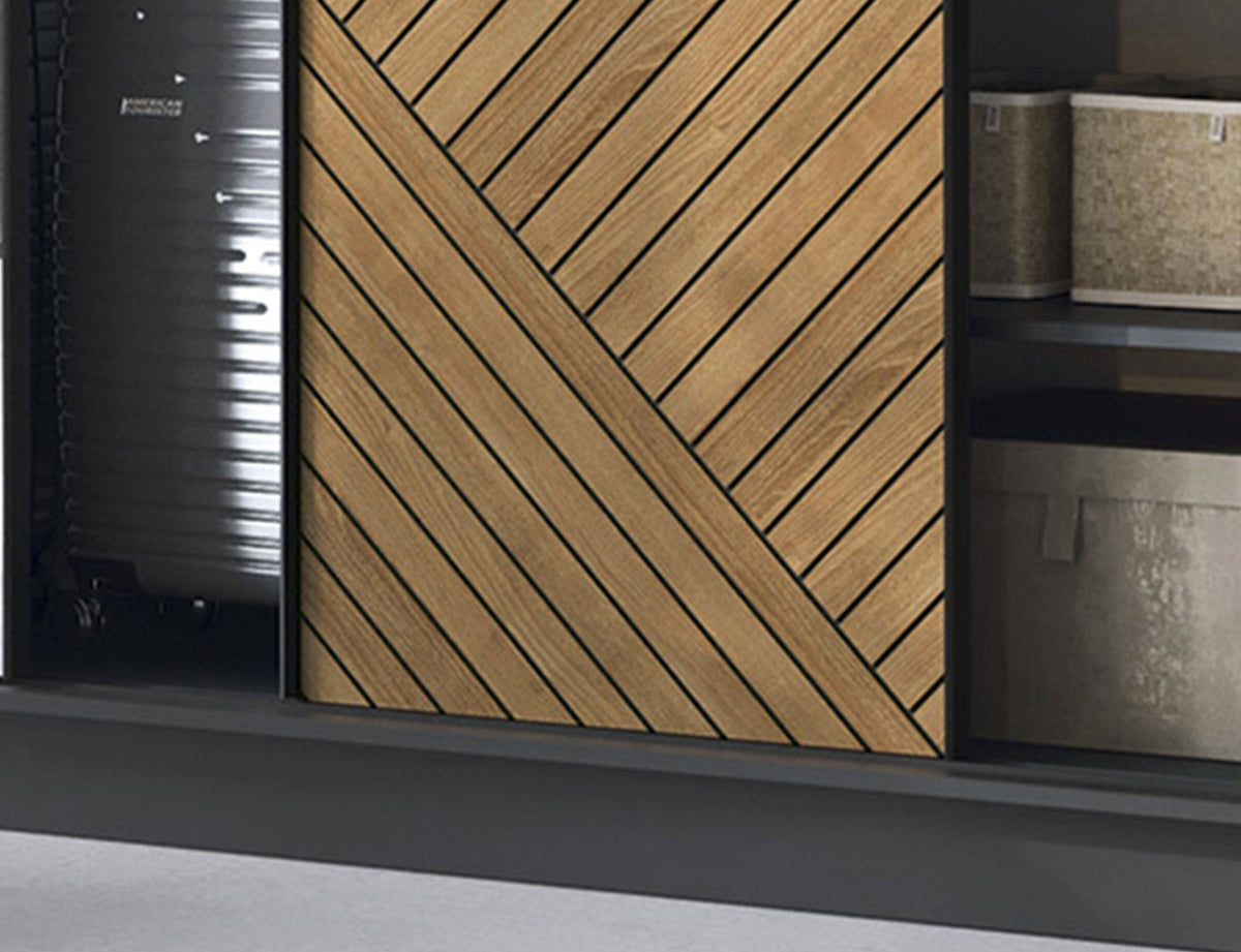 Marrphy Mirrored 3 Sliding Door Freestanding Wardrobe - Black/Oak Caramel