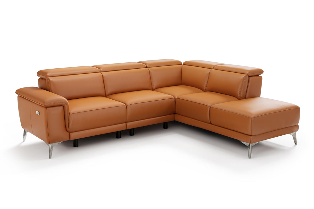 Valencia Pista Modern Top Grain Leather Reclining Sectional Sofa with Right-Hand Facing Chaise, Cognac