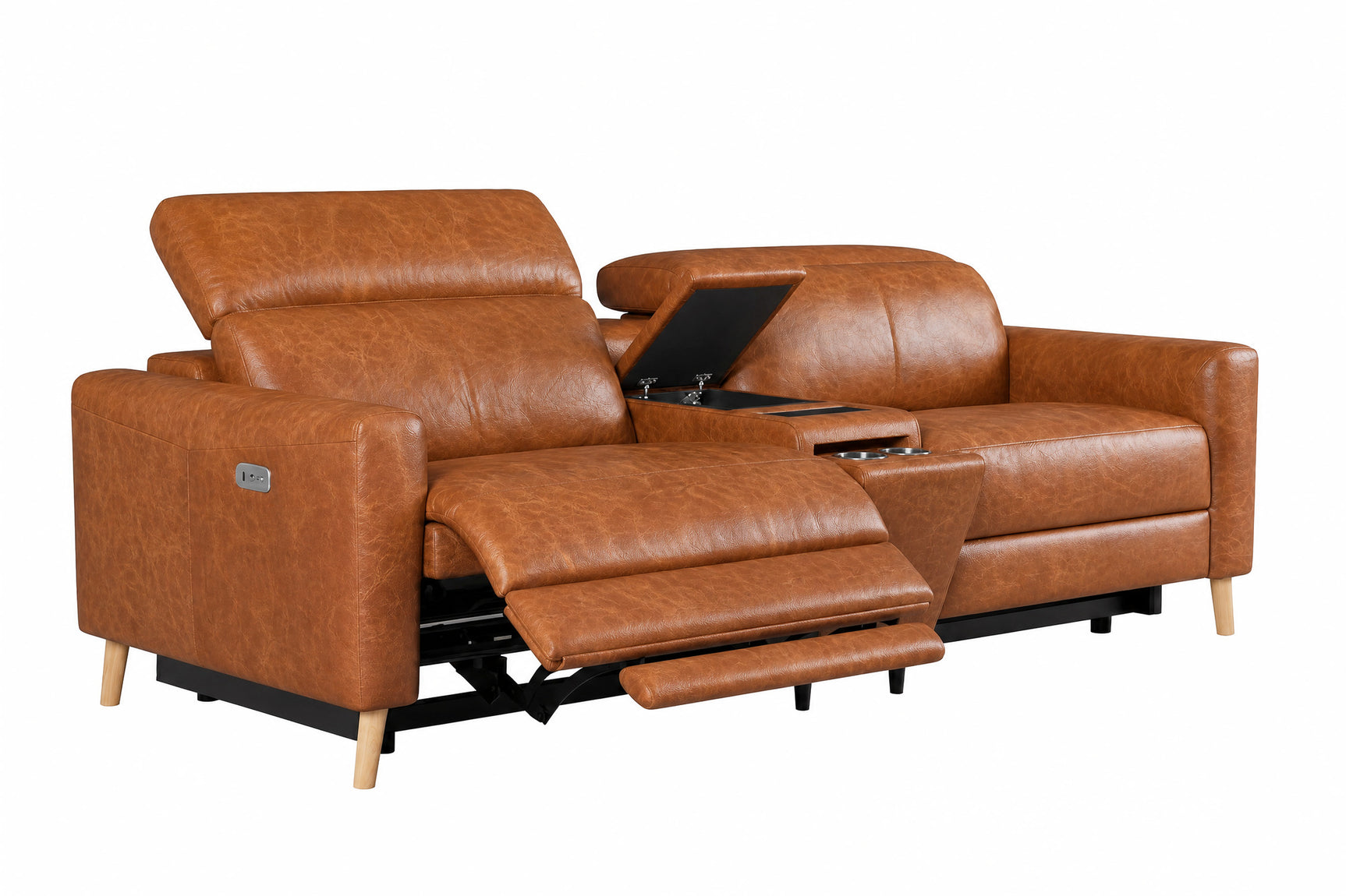 Elodie Distressed Italian Aniline Leather Dual Recliner Sofa with Console