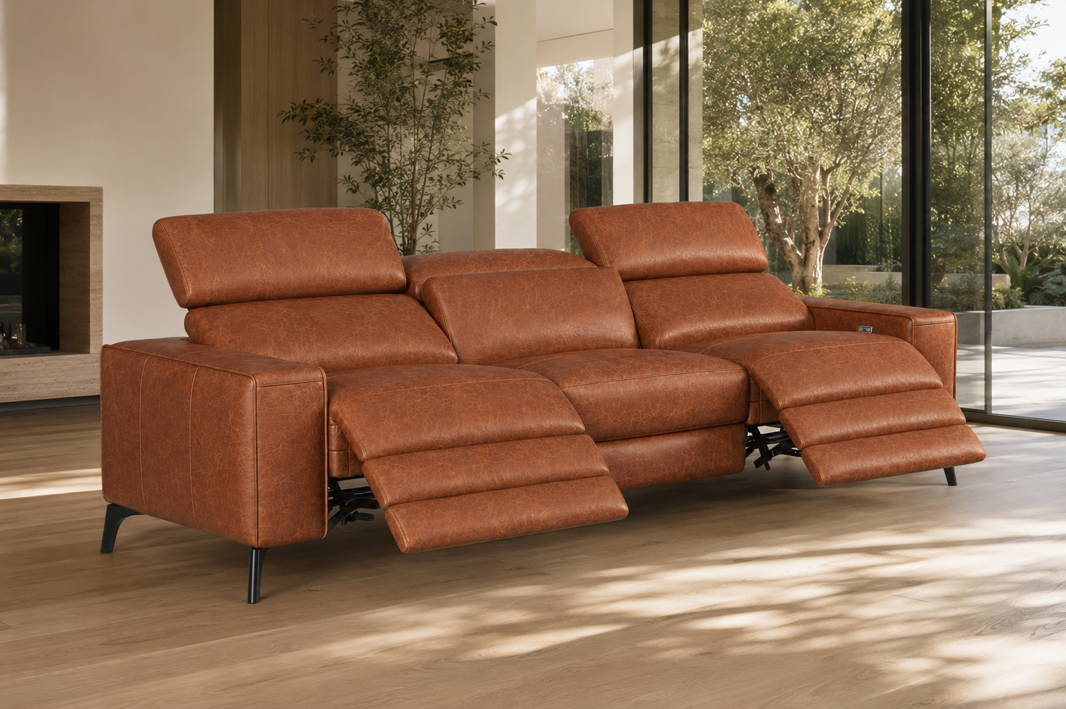 Esther Distressed Italian Aniline Leather Power Dual Recliner Sofa