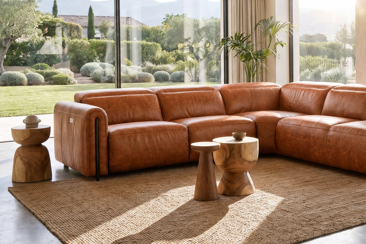 Octavia Distressed Italian Aniline Leather Reclining Corner Sectional Sofa