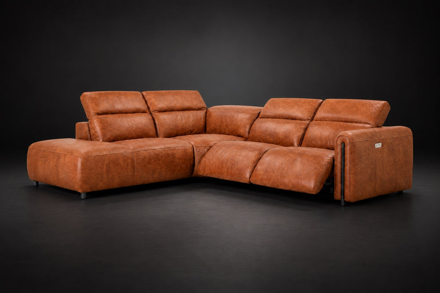 Octavia Distressed Italian Aniline Leather Reclining Corner Sectional Sofa