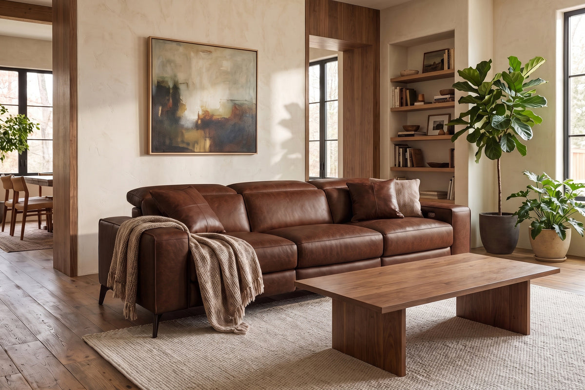 Esther Distressed Italian Aniline Leather Power Dual Recliner Sofa