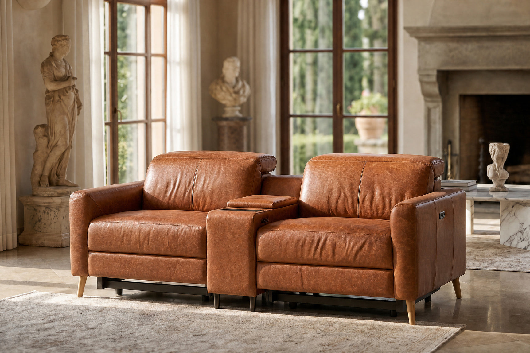 Elodie Distressed Italian Aniline Leather Dual Recliner Sofa with Console