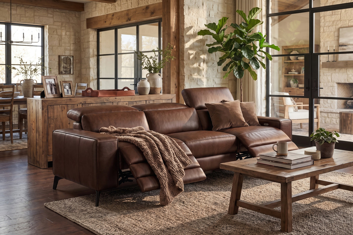 Esther Distressed Italian Aniline Leather Power Dual Recliner Sofa