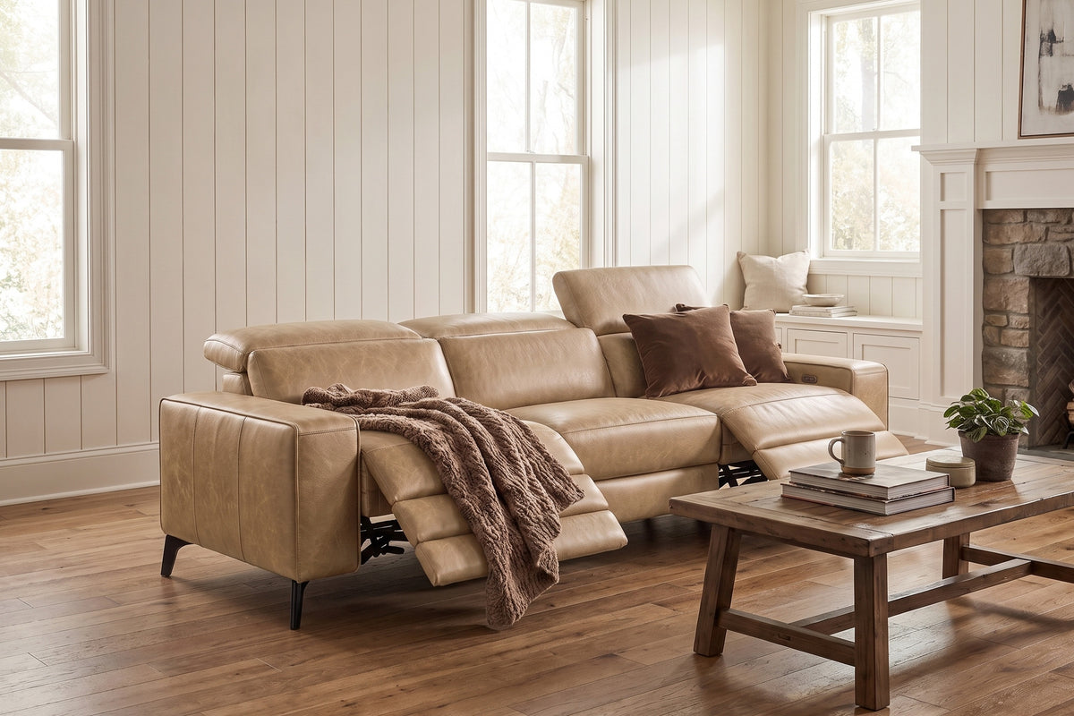 Esther Distressed Italian Aniline Leather Power Dual Recliner Sofa