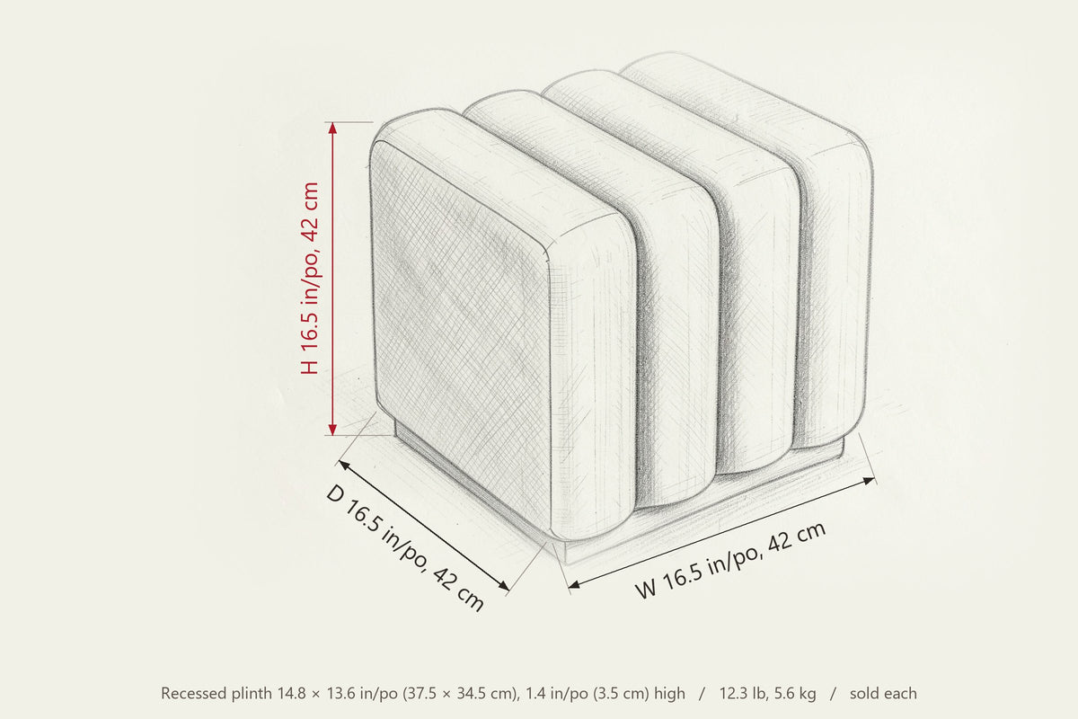 Abbadia ottoman dimensions on a pencil sketch: 16.5 in high, 16.5 in deep, 16.5 in wide; recessed plinth 14.8 in by 13.6