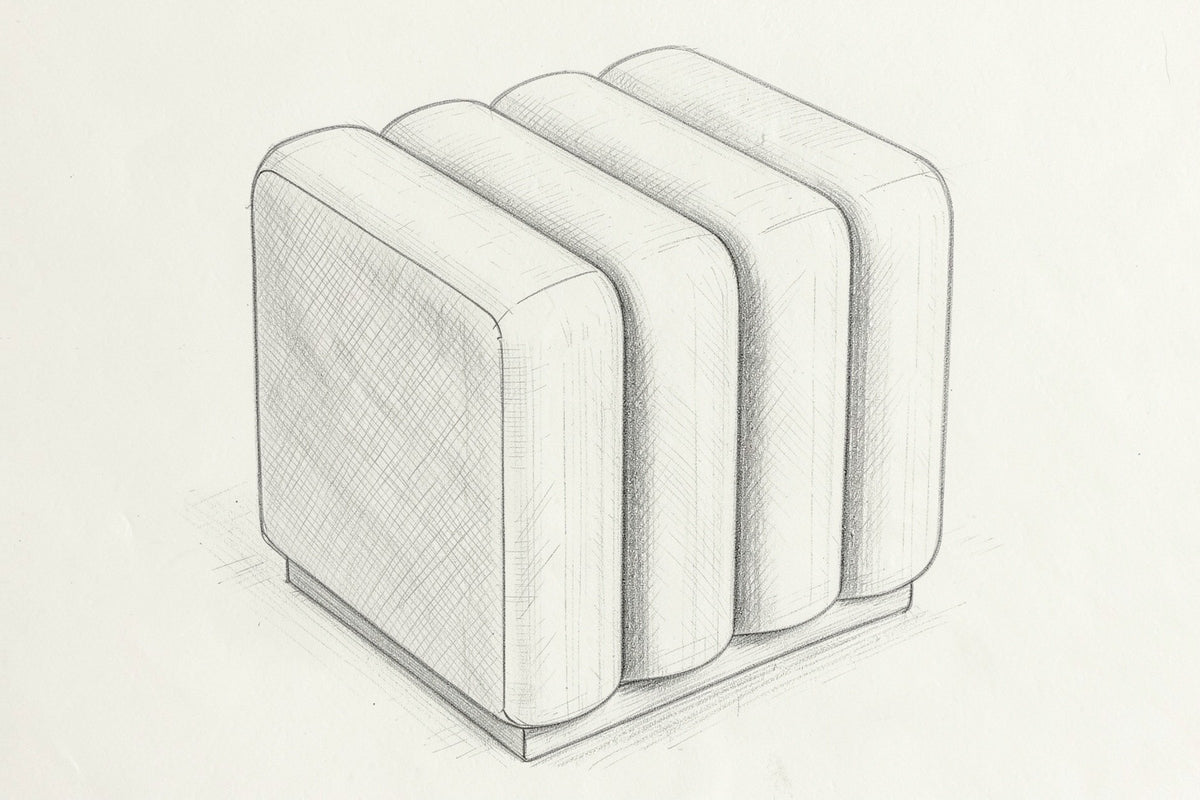 Pencil sketch of the Abbadia ottoman, three-quarter view from above