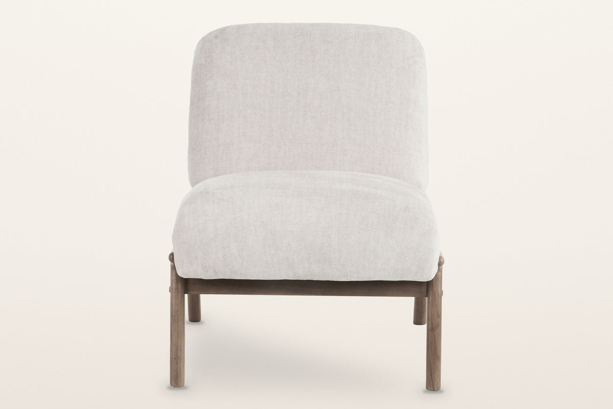 Acquasparta accent chair in beige, straight front view: back cushion, deep seat, wood frame and four legs