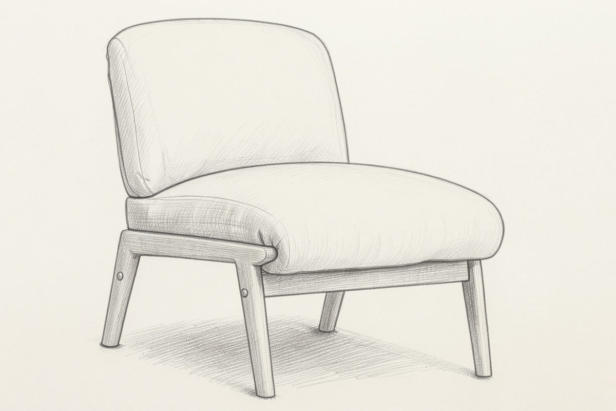 Pencil sketch of the Acquasparta accent chair, three-quarter view from above