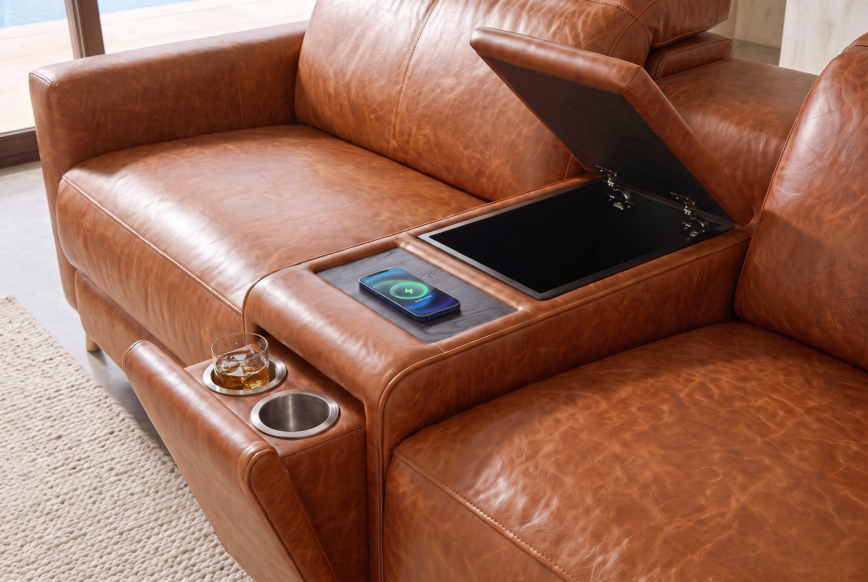 Elodie Distressed Italian Aniline Leather Dual Recliner Sofa with Console