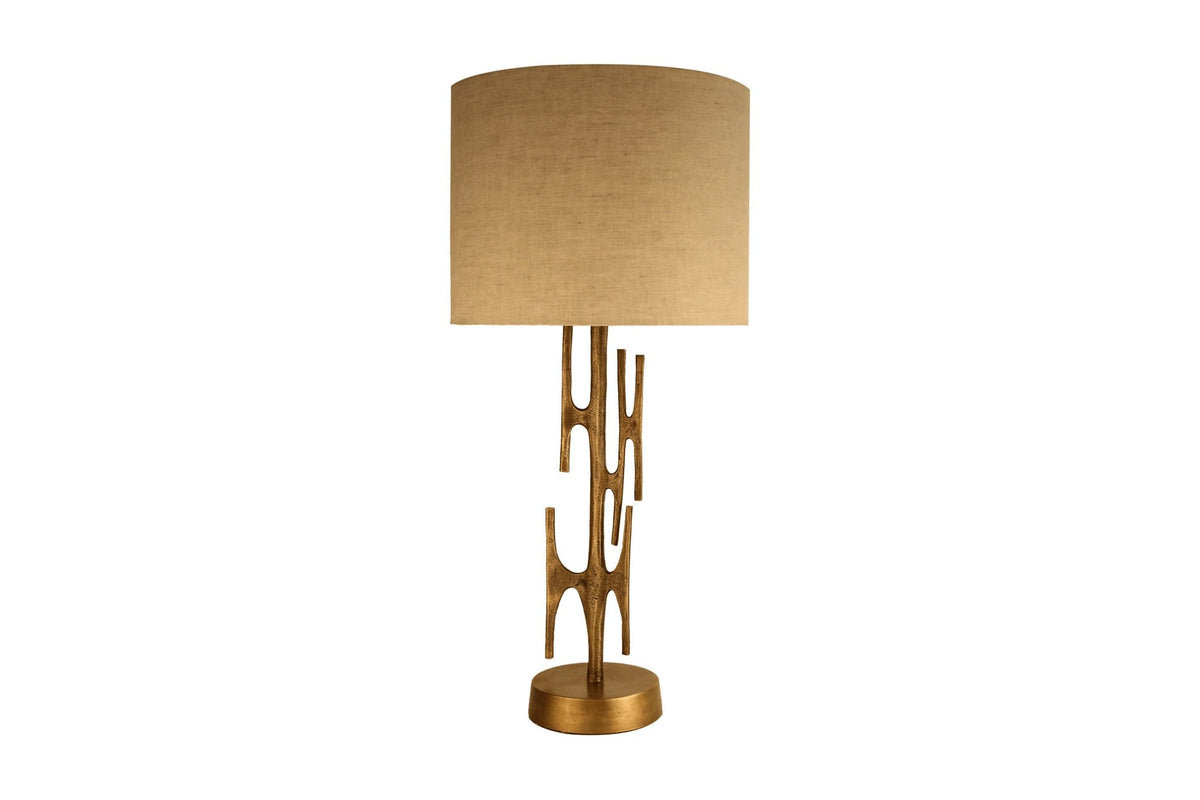 Adeline antique brass table lamp with off-white cotton drum shade, front view