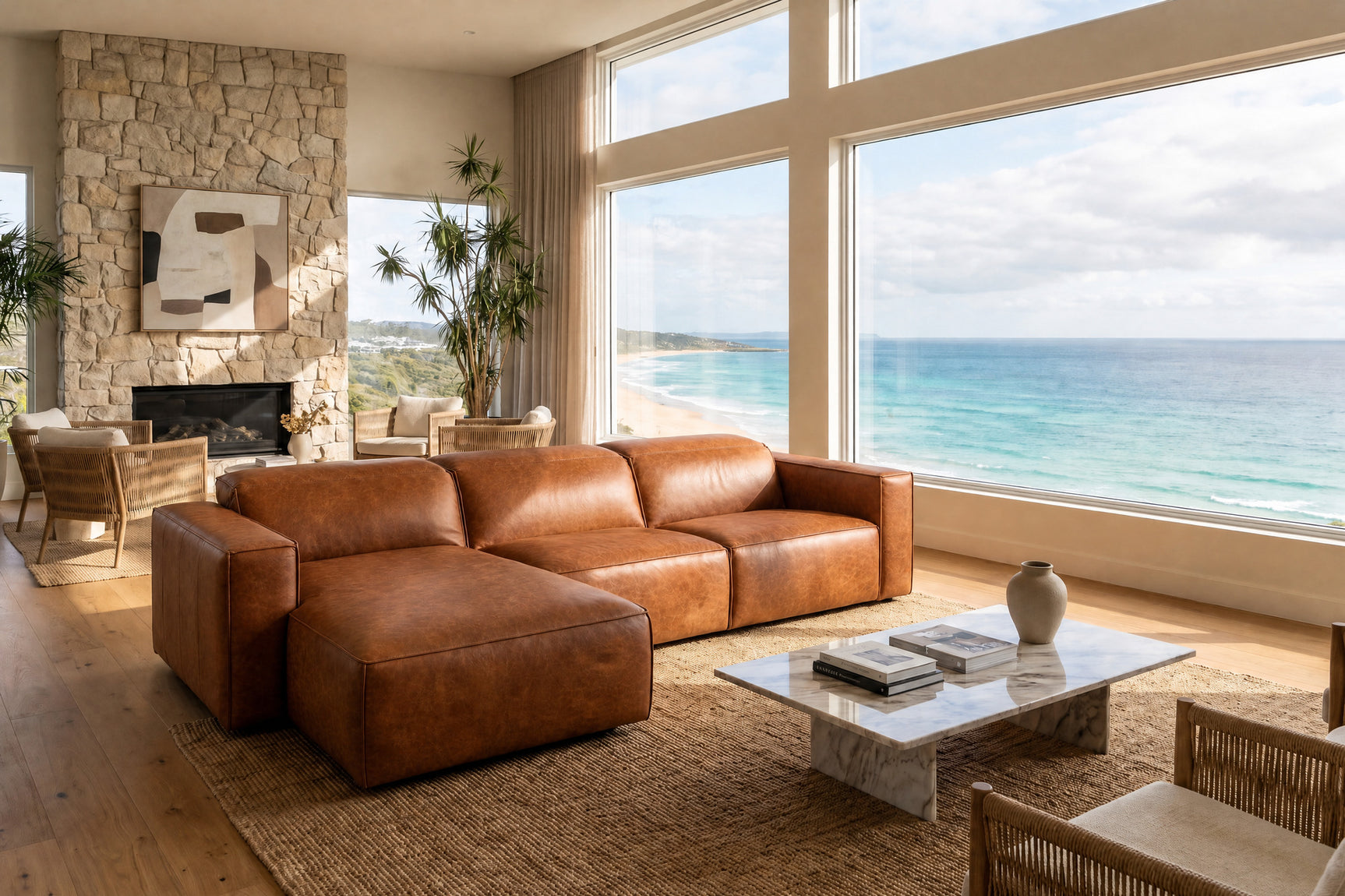 Emery Distressed Italian Aniline Leather Recliner Sectional Sofa