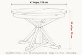 Aggius dimensions on a pencil sketch of the table: 47 in round and 31 in high, 63 in long with the leaf