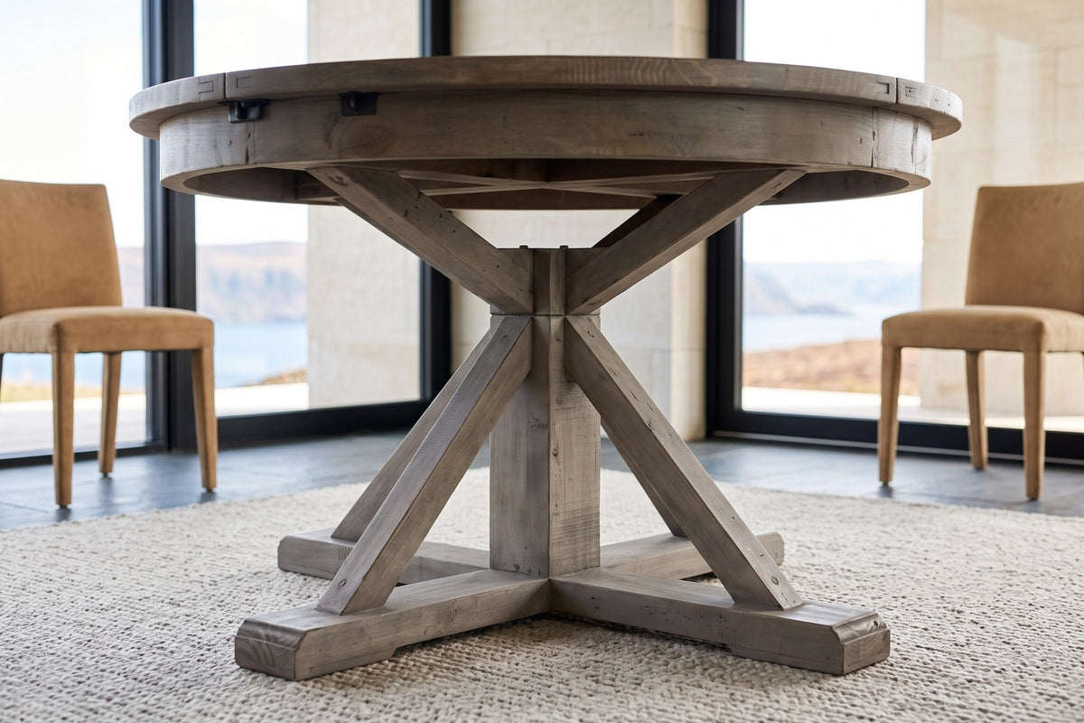 Close-up of the Aggius base at seat height: a square post, straight braces and four runners ending in stepped foot pads