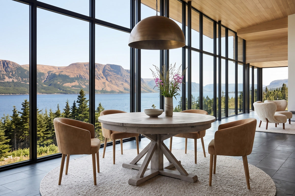 Aggius round dining table in a Bonne Bay house in Gros Morne, Newfoundland, with a glass wall to the fjord and the Tablelands