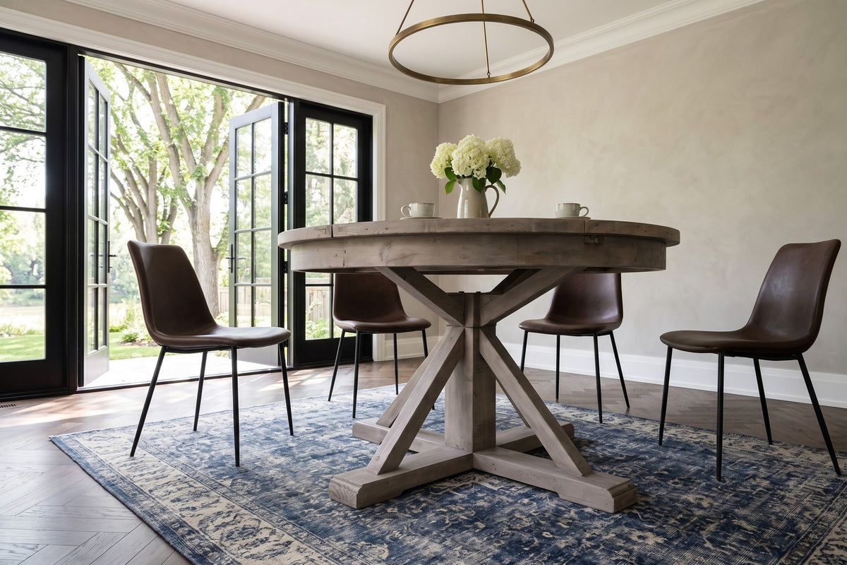 Aggius round dining table in a Winnipeg house on Wellington Crescent, with French doors open to elms on the lawn