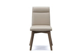 Aileen dining chair in beige leather with ash legs, seen from the front on a white background