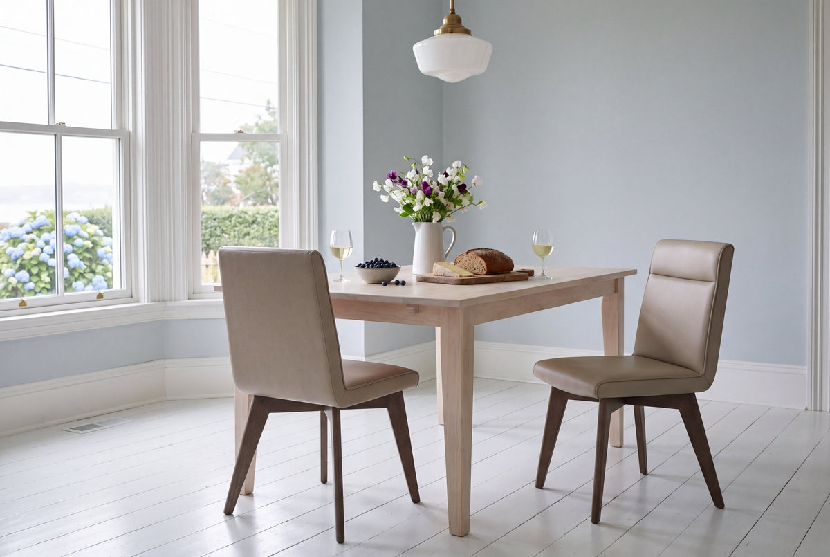 Two beige Aileen leather dining chairs at a pale wood table with sweet peas in a jug, bread, cheese, blueberries and white wine, in a pale blue room with white sash bay windows and hydrangeas outside, in a Victorian house in the South End of Halifax