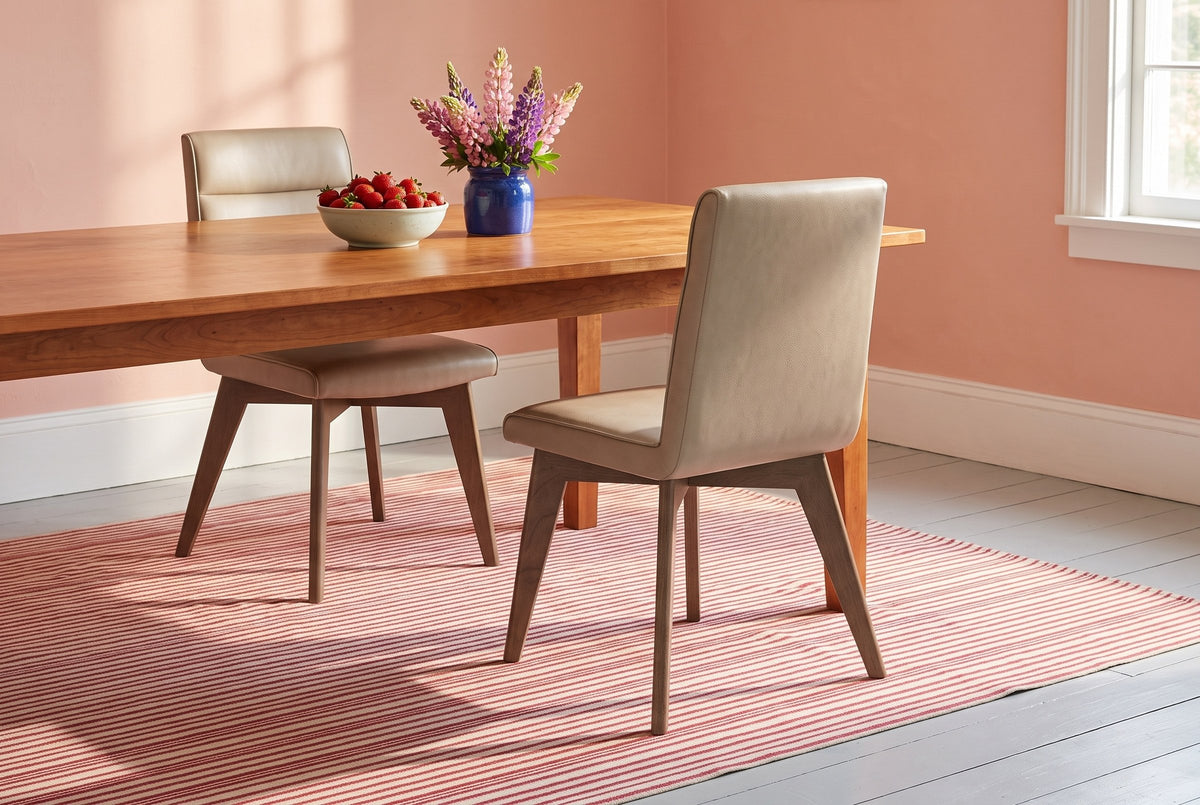 Two beige Aileen leather dining chairs with ash legs at a long cherrywood table with a cream bowl of strawberries and a cobalt blue crock of pink and purple lupins, in a coral pink room with white trim, a window, a pale grey painted floor and a red and white striped rug in morning sun