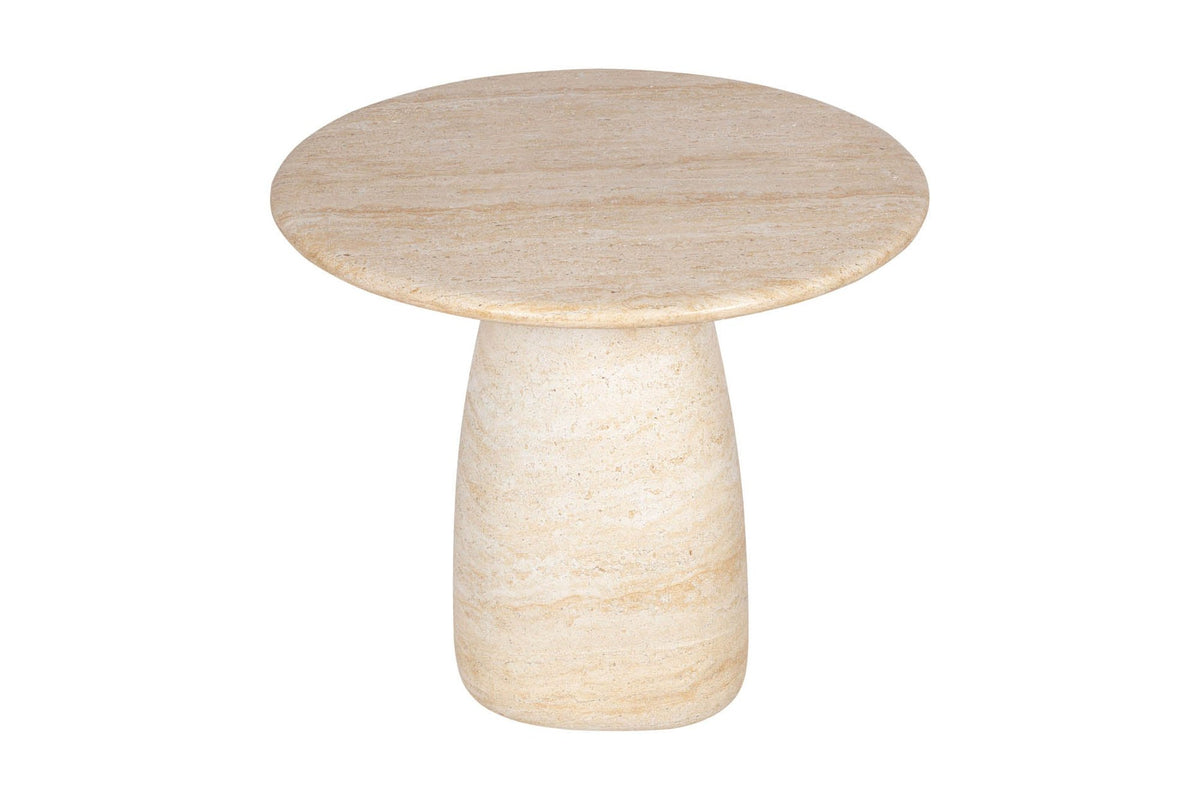 Ainsley travertine-look side table, high-angle view of the round top