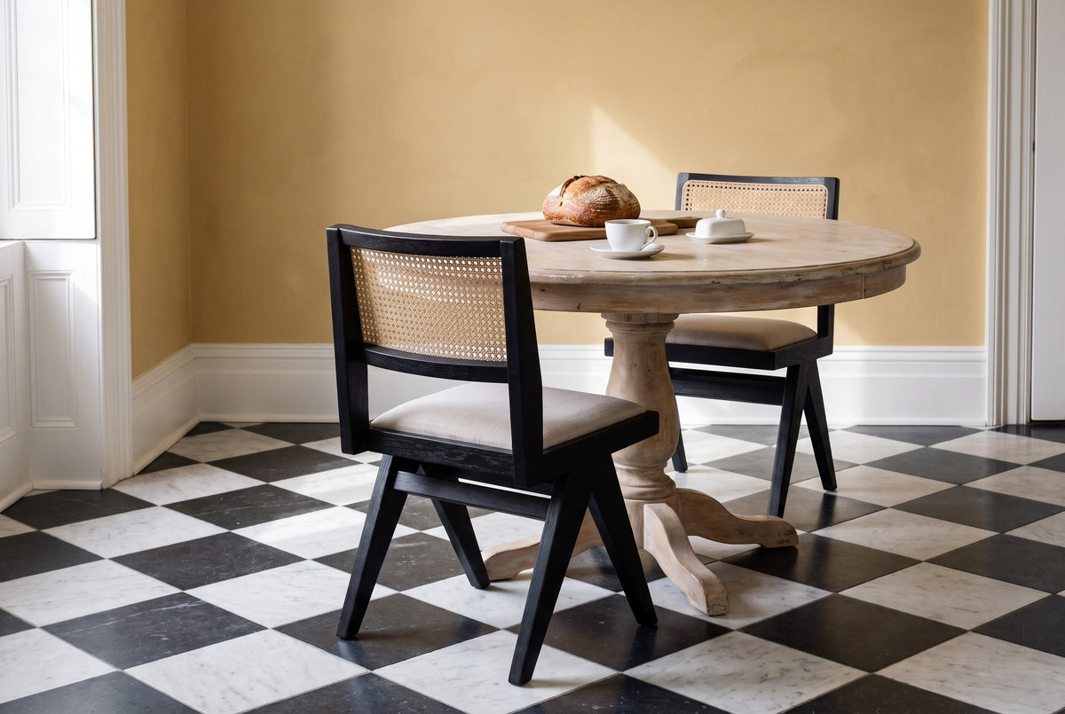 Two Alaya black oak dining chairs with cane backs and oatmeal seats at a round pine pedestal table with bread, a coffee cup and a butter dish, on a black and white marble checkerboard floor by ochre walls in morning light