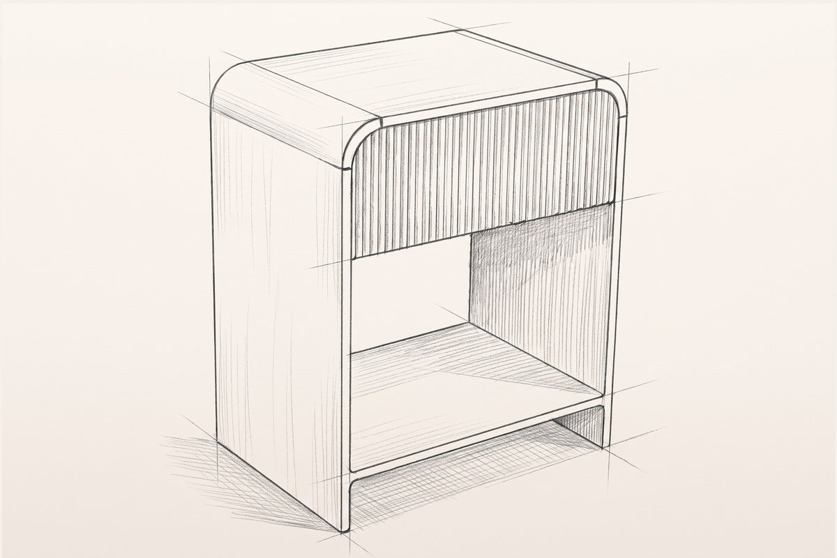 Pencil sketch of the Alberona nightstand, three-quarter view from above