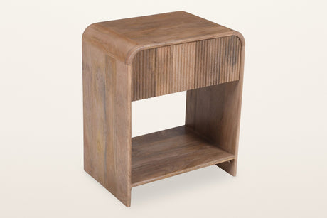 Alberona reeded mango wood nightstand in natural, three-quarter view on a warm white studio backdrop