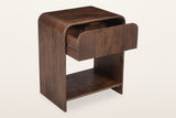 Alberona nightstand in walnut with the reeded drawer open on its wood glides