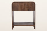 Alberona nightstand in walnut, straight front view: a reeded drawer under a top that bends down into the sides