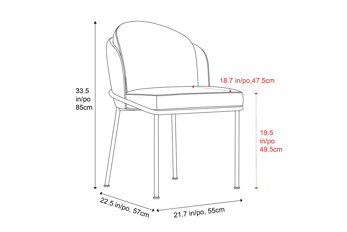 Alexander dining chair dimensions: 21.7 in wide, 22.5 in deep, 33.5 in high, seat 19.5 in high