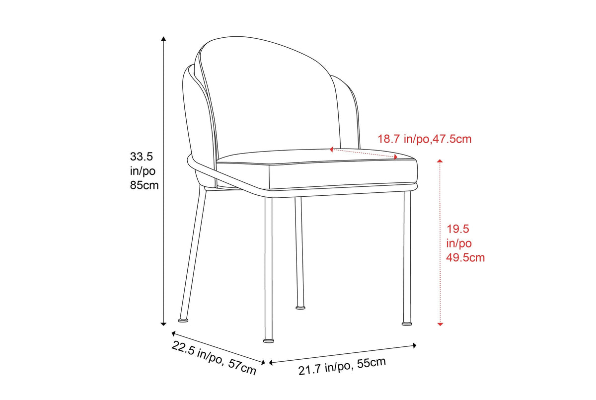 Alexander velvet dining chair dimensions: 21.7 in wide, 22.5 in deep, 33.5 in high, seat 19.5 in high