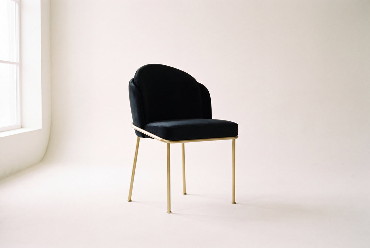 Alexander black velvet dining chair with brass legs on an off-white studio backdrop