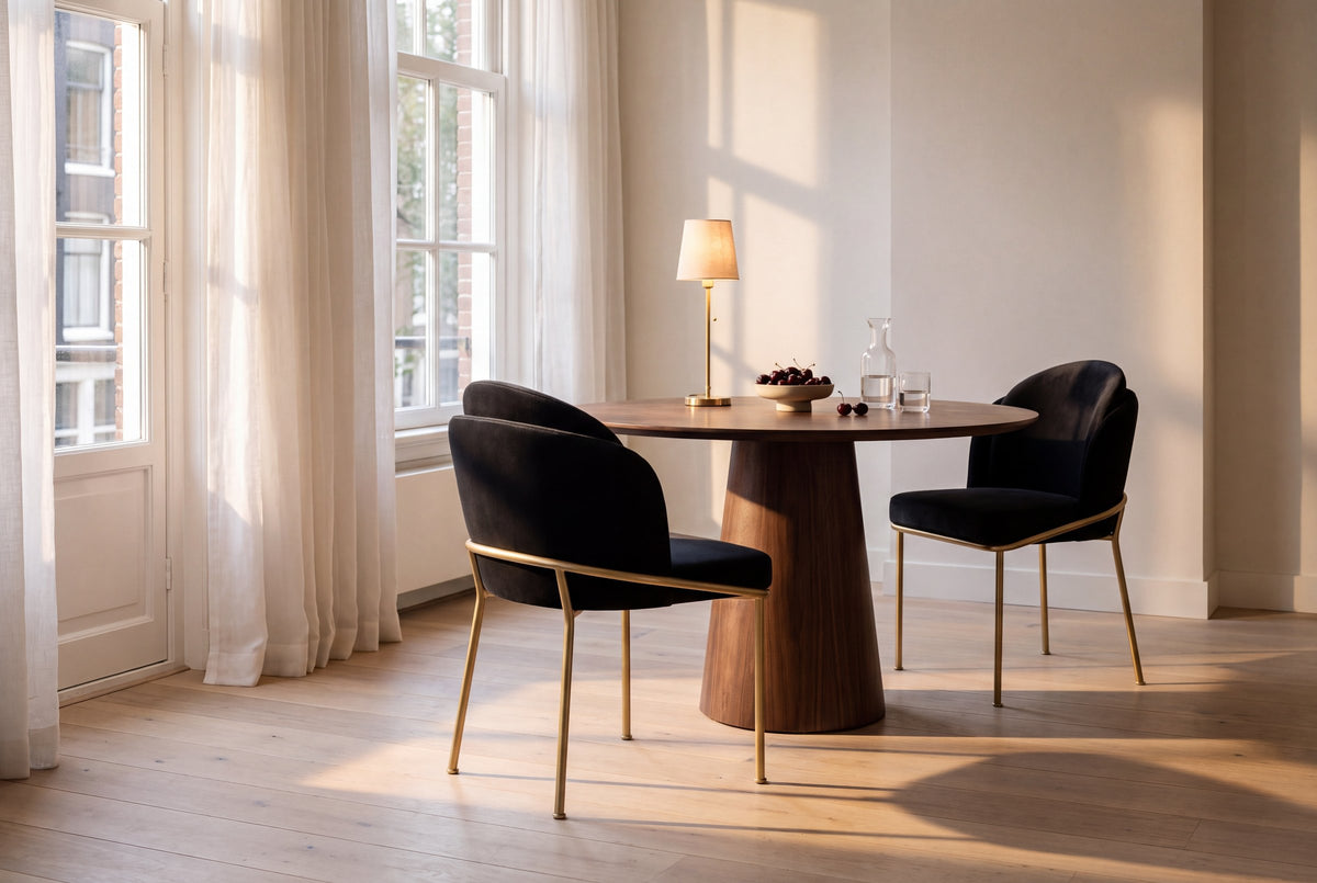 Two black velvet Alexander dining chairs at a walnut table with a lit brass lamp in a sunlit Amsterdam canal house